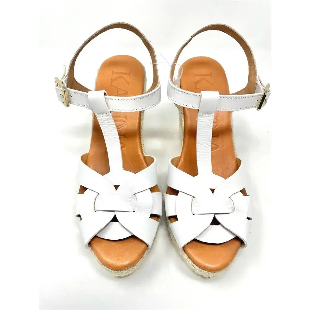 NEW KANNA Made In Spain White Leather Espadrille Wedge Sandals Size 6, EU 36